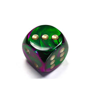 CHX DG3034 Gemini Green-Purple/gold 30mm d6 dice w/pips