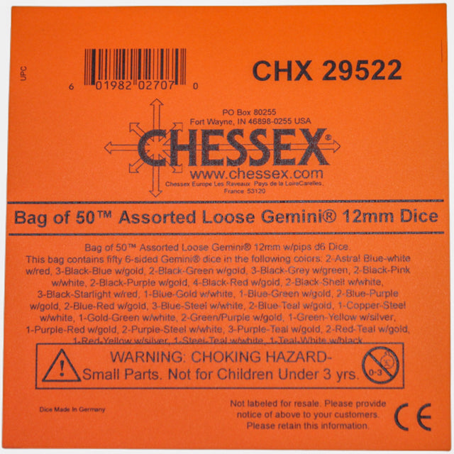 CHX 29522 Bag of 50 Assorted Loose Gemini 12mm w/pips d6 Dice