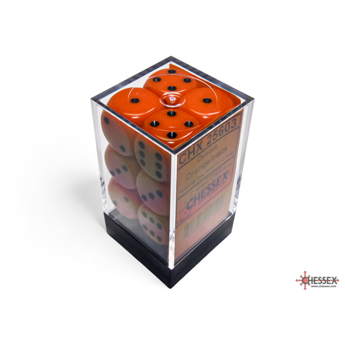 CHX 25603 Opaque Orange/black 16mm d6 Dice Block (12 dice)
