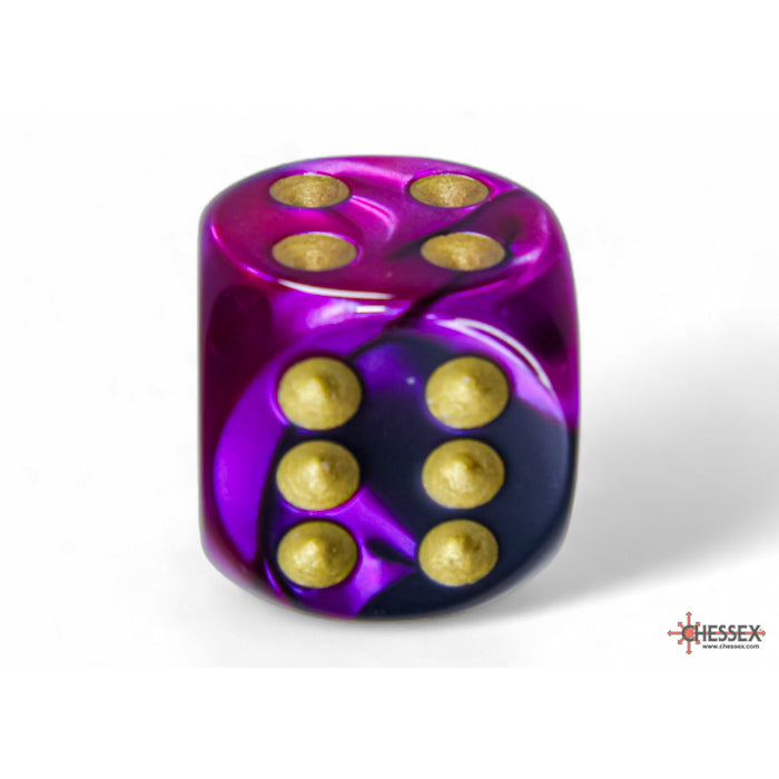 CHX 26640 Gemini Black-Purple/gold 16mm d6 Dice Block (12 dice)
