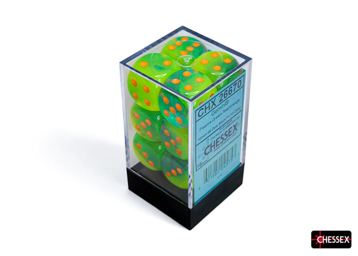 CHX 26670 Gemini Plasma Green-Teal/orange Luminary 16mm d6 Dice Block (12 dice)