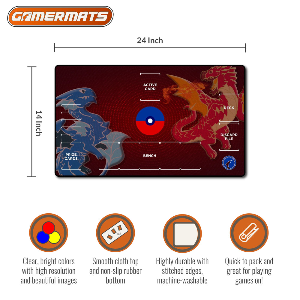 GamerMats: Red and Blue Dragon with Pokemon Compatible Zones - Playmat