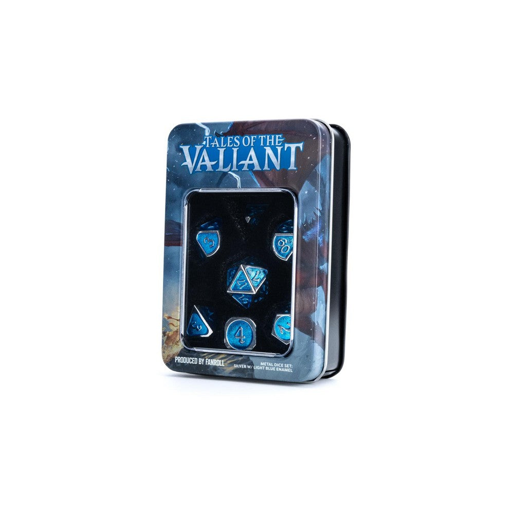 Fanroll: Tales of the Valiant Metal Dice Set: Silver w/ Light Blue Enamel