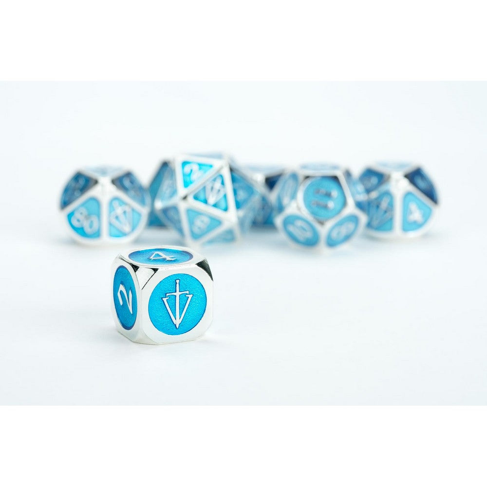 Fanroll: Tales of the Valiant Metal Dice Set: Silver w/ Light Blue Enamel