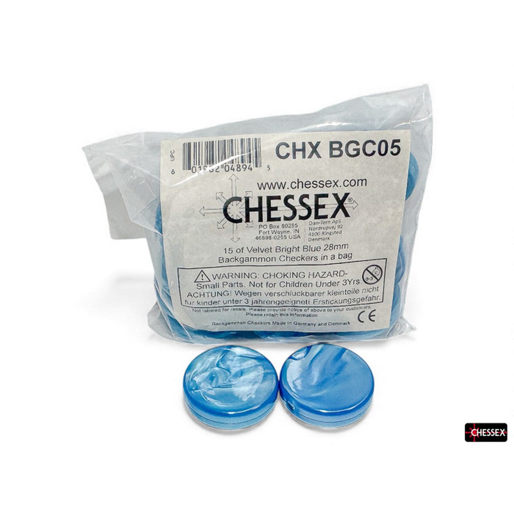 CHX BGC05 15 of Velvet Bright Blue 28mm Backgammon Checkers in a bag