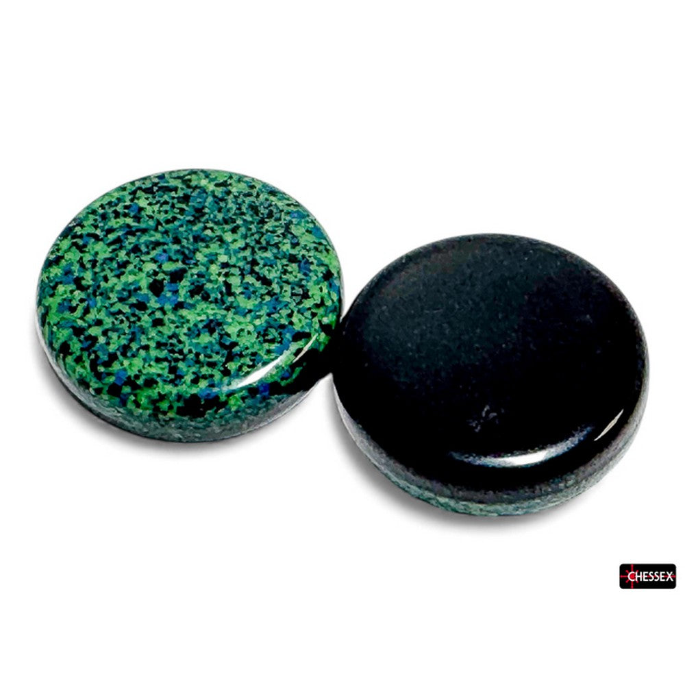 CHX REV04 64 of Opaque Black & Speckled Fern 30mm Reversi Checkers in a bag