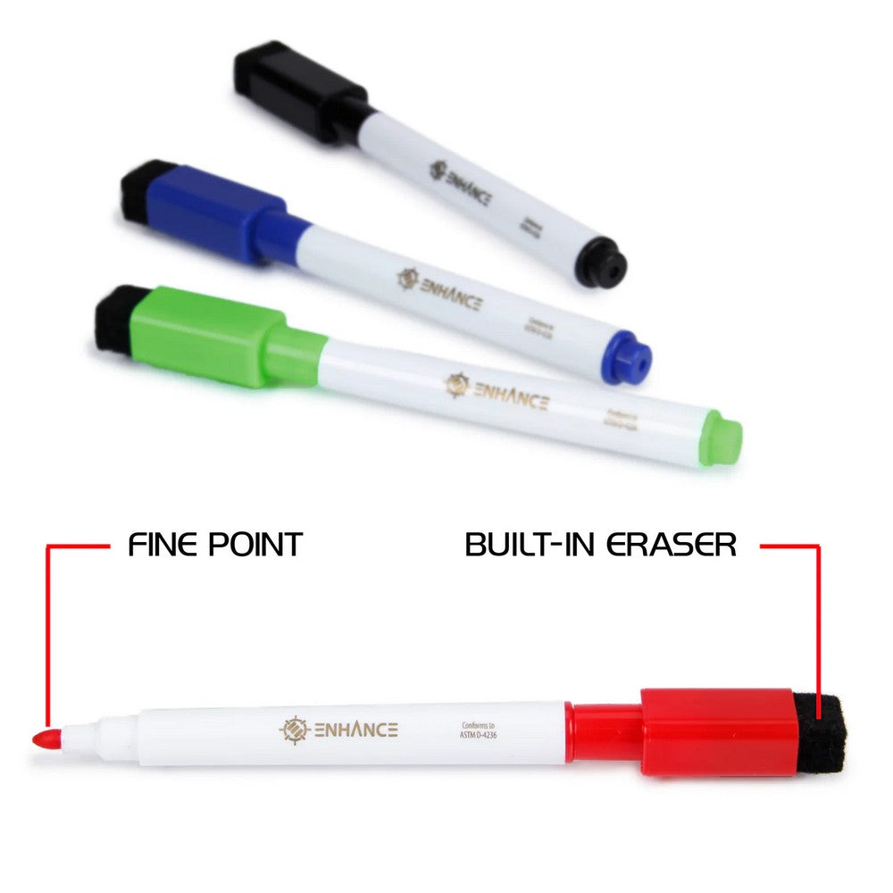 U2 ENHANCE Dry Erase Markers- 4 Pack Fine Tip with Built-in Eraser (Blue & Red & Green & Black)
