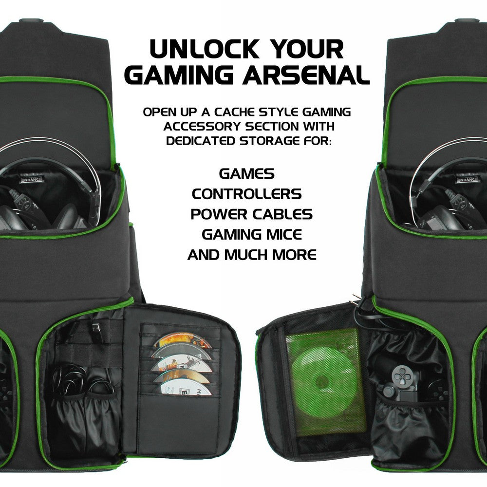 ENHANCE Gaming Console Backpack and Storage Case - Compatible with Xbox One X . One S (Green)