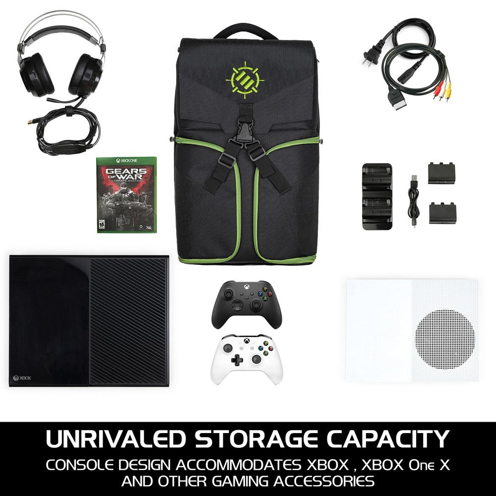 ENHANCE Gaming Console Backpack and Storage Case - Compatible with Xbox One X . One S (Green)