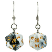 Fanroll: D20 Dice Earrings: Marble Black/white w/ Gold
