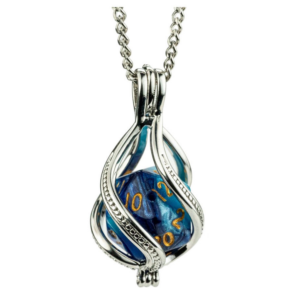 Fanroll: D20 Caged Dice Necklace: Blue/Light Blue w/ Gold