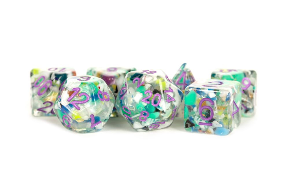 Fanroll: 16mm Resin Polyhedral Dice Set: Recycled Dice w/ Purple Numbers