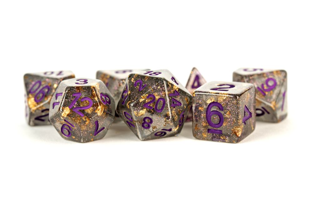 Fanroll: 16mm Resin Polyhedral Dice Set: Gray w/ Gold Foil - Purple Numbers