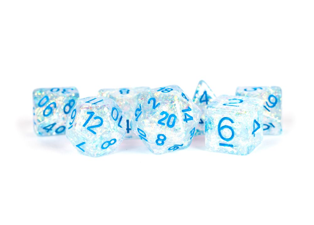 Fanroll: 16mm Resin Polyhedral Dice Set: Flash Clear w/ Light Blue Numbers