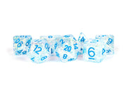 Fanroll: 16mm Resin Polyhedral Dice Set: Flash Clear w/ Light Blue Numbers