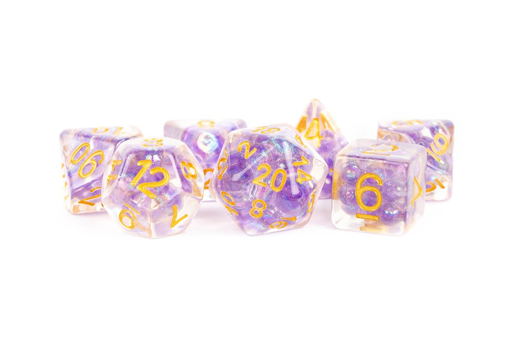Fanroll: 16mm Resin Polyhedral Dice Set: Pearl Purple w/ Gold Numbers