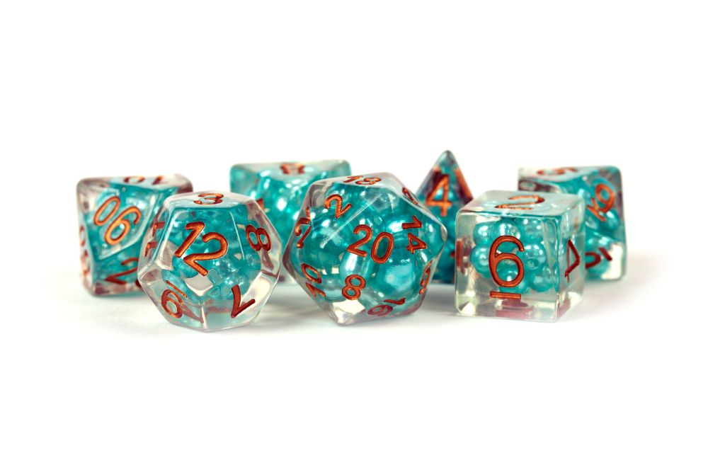 Fanroll: 16mm Resin Polyhedral Dice Set: Pearl Teal w/ Copper Numbers