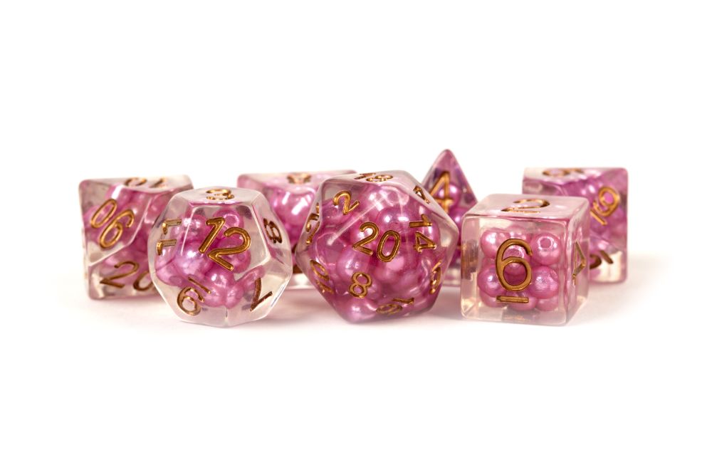 Fanroll: 16mm Resin Polyhedral Dice Set: Pearl Pink w/ Copper Numbers