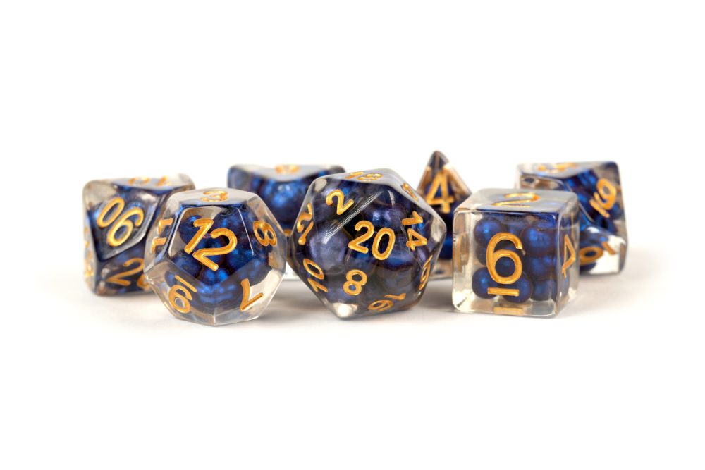 Fanroll: 16mm Resin Polyhedral Dice Set: Pearl Royal Blue w/ Gold Numbers