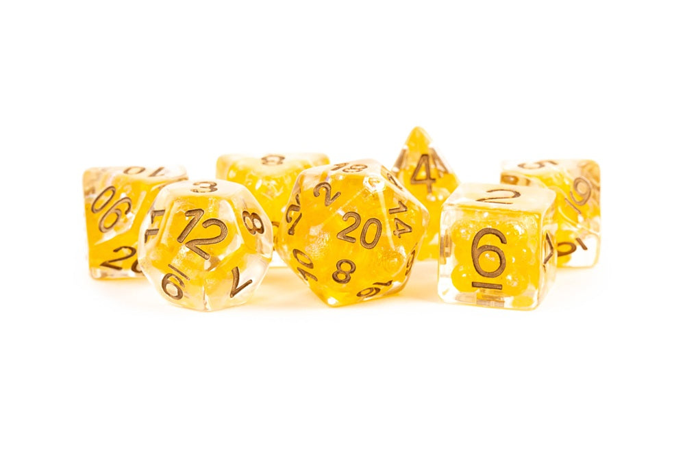 Fanroll: 16mm Resin Polyhedral Dice Set: Pearl Citrine with Copper Numbers