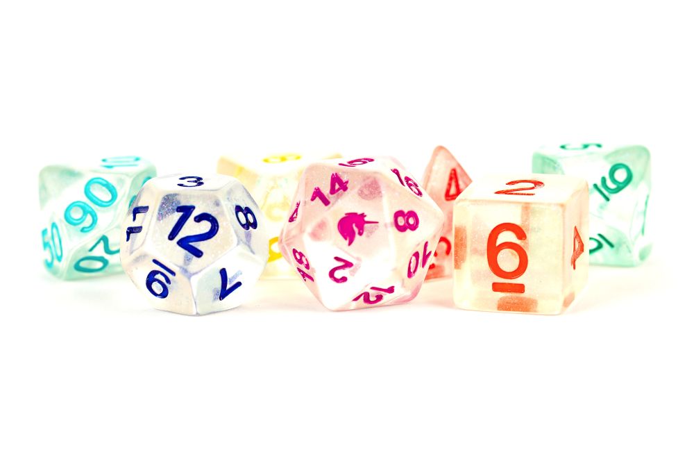 Fanroll: 16mm Resin Polyhedral Dice Set: Unicorn Rainbow Ice